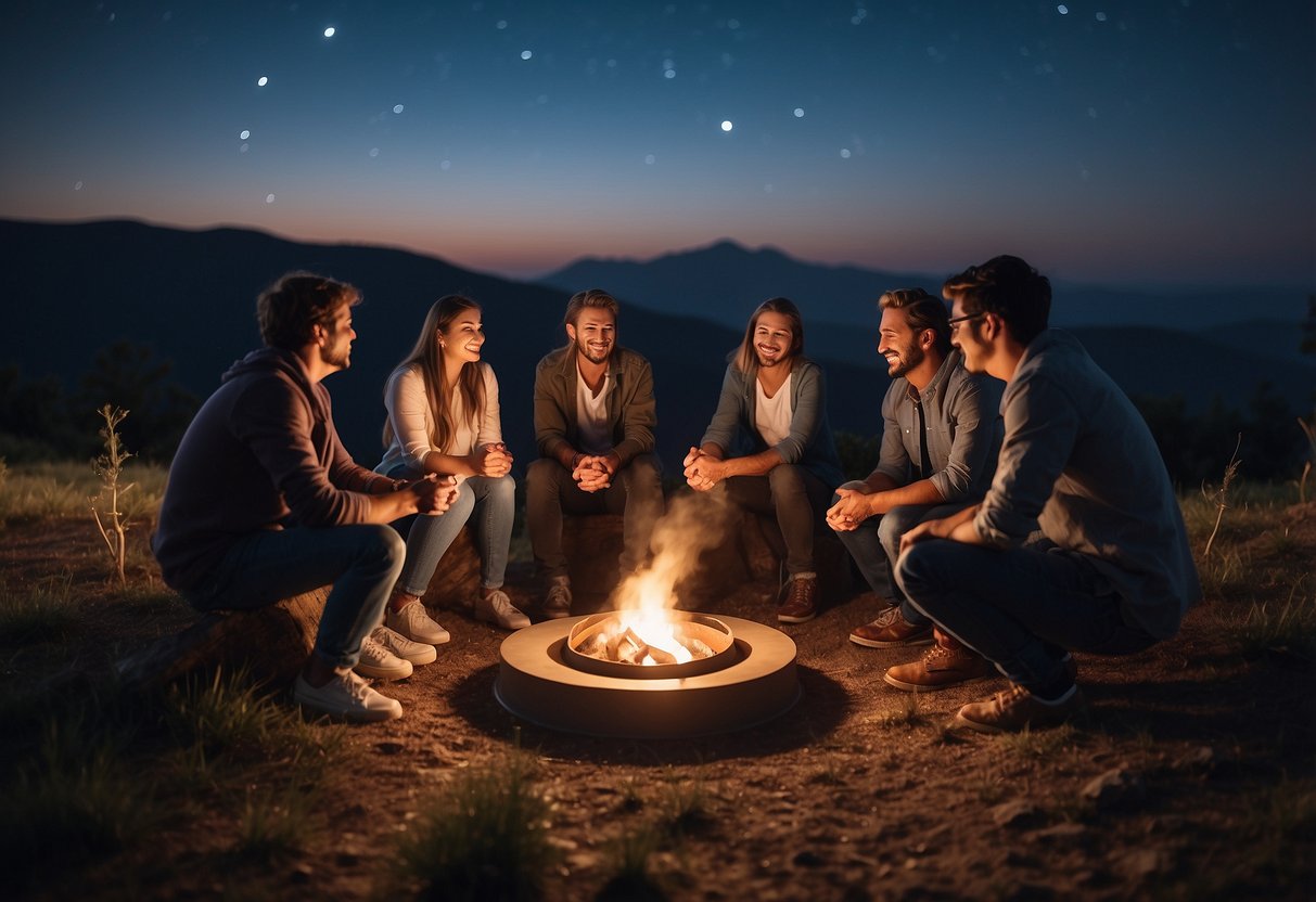 A group of people gather around telescopes, pointing and chatting excitedly under the night sky. A bonfire crackles nearby, casting a warm glow on their faces. Telescopes are set up in a circle, and a few people are sitting