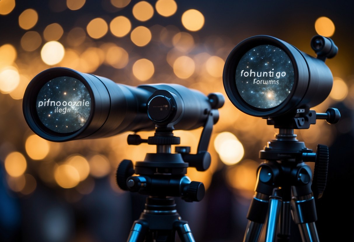 A group of telescopes pointed towards the night sky, with a chat bubble above each one representing online forums. A computer or smartphone displaying a stargazing community website in the background