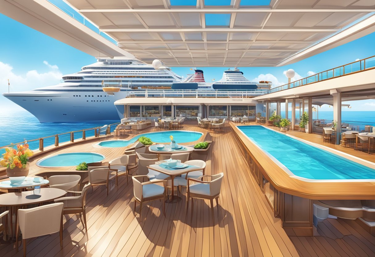 A vibrant cruise ship deck with a variety of amenities, including swimming pools, lounges, and dining areas, surrounded by clear blue waters and sunny skies