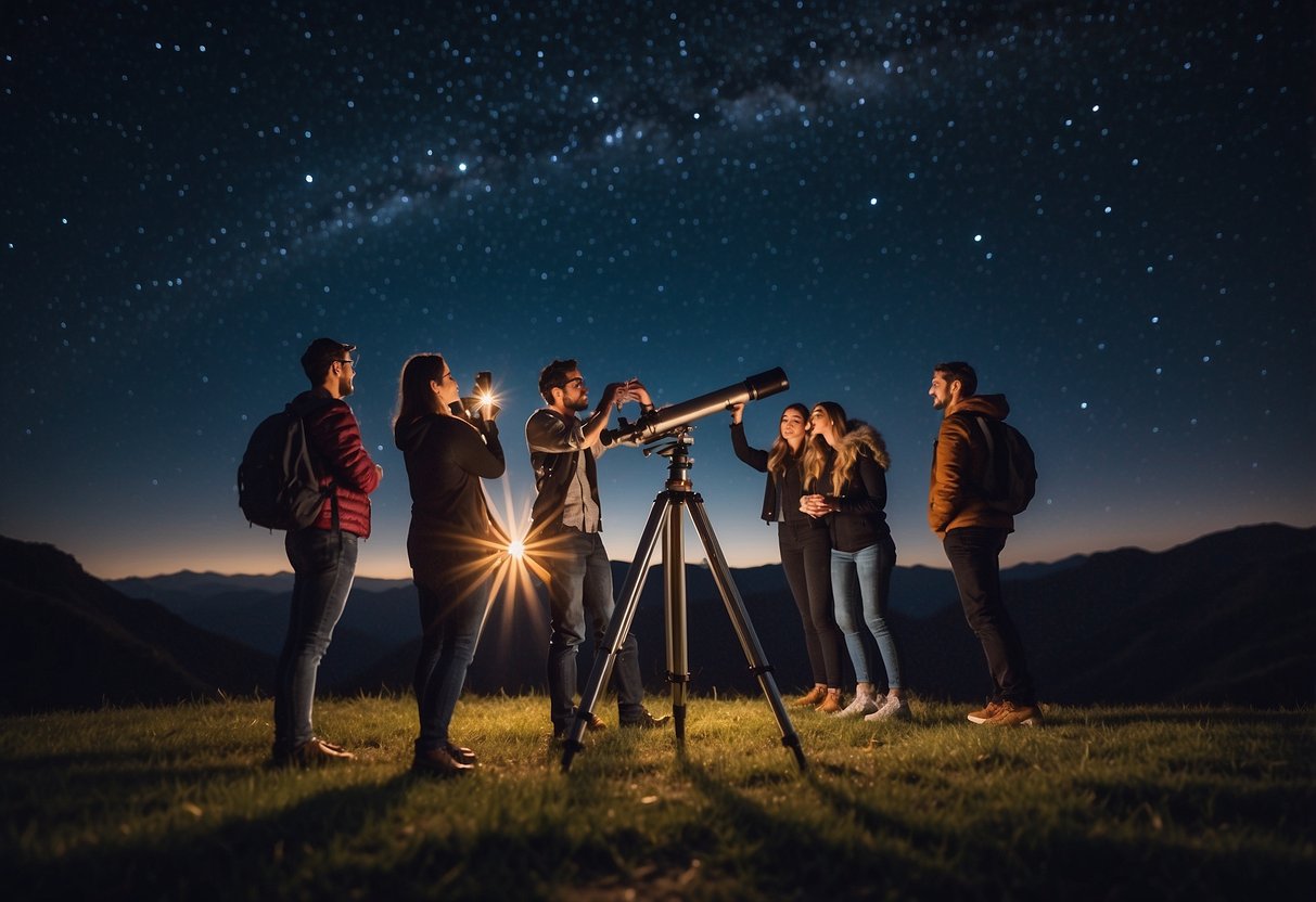 A group of stargazing enthusiasts gather around a telescope, pointing towards the night sky. They are engaged in conversation, exchanging tips and sharing their passion for astronomy