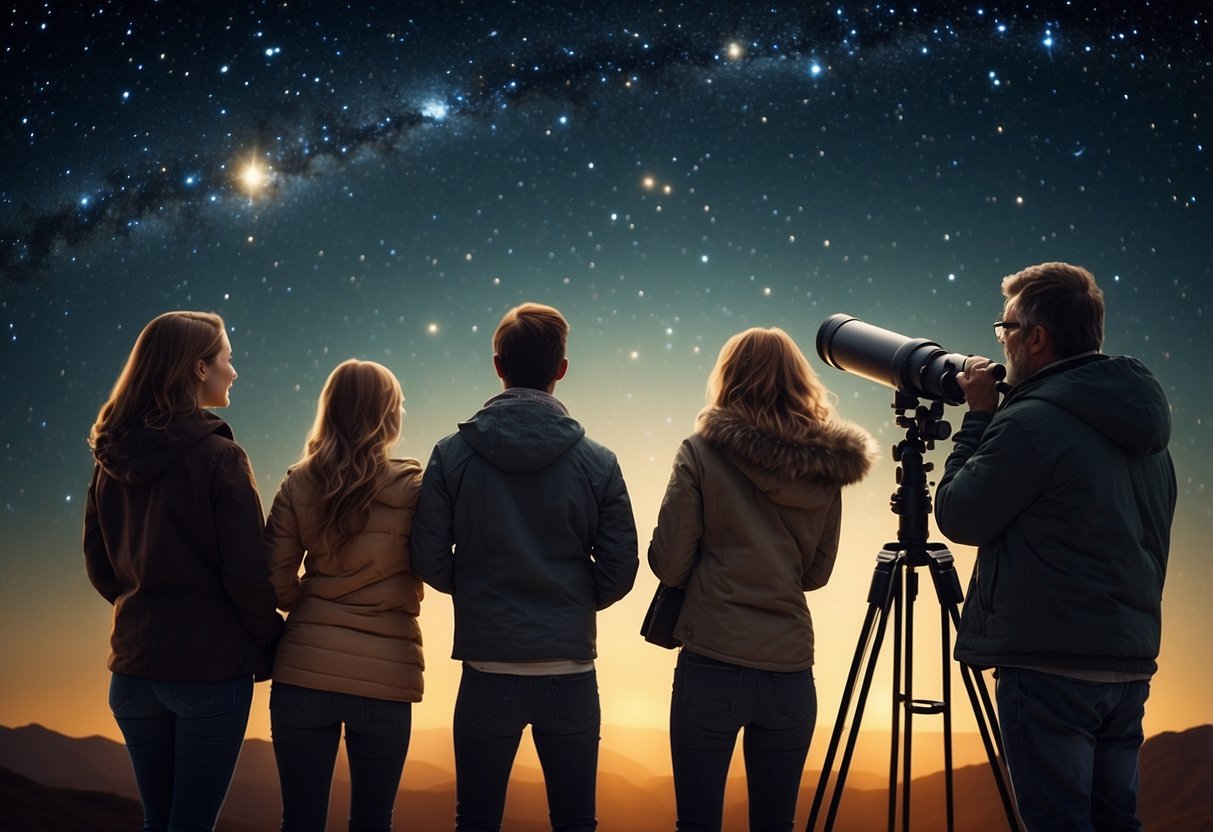 A group of telescopes pointed towards the night sky, with people gathered around, engaging in conversation and sharing their passion for stargazing