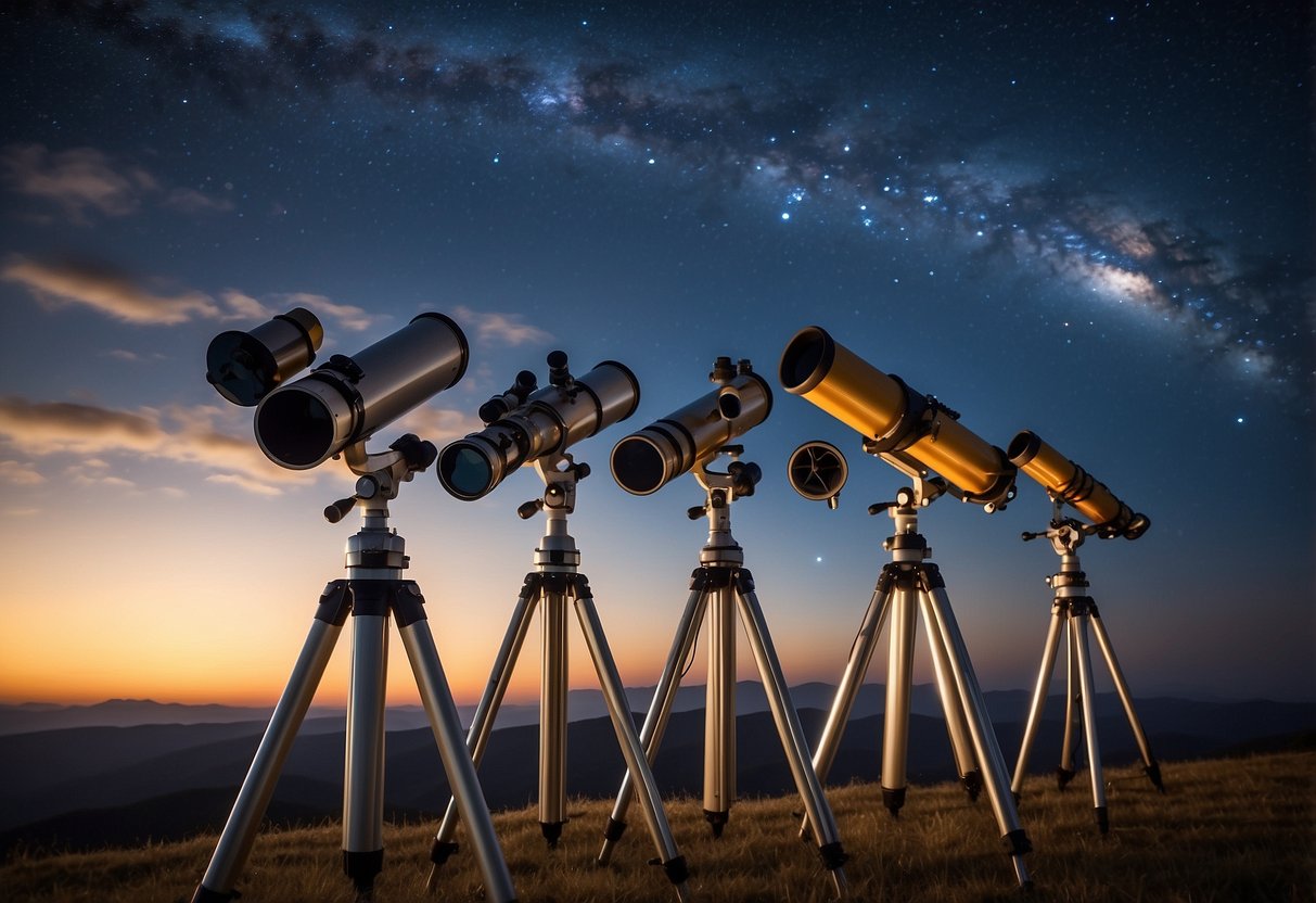 A group of telescopes pointing towards the night sky, with a chat forum and social media icons floating above, representing online stargazing communities