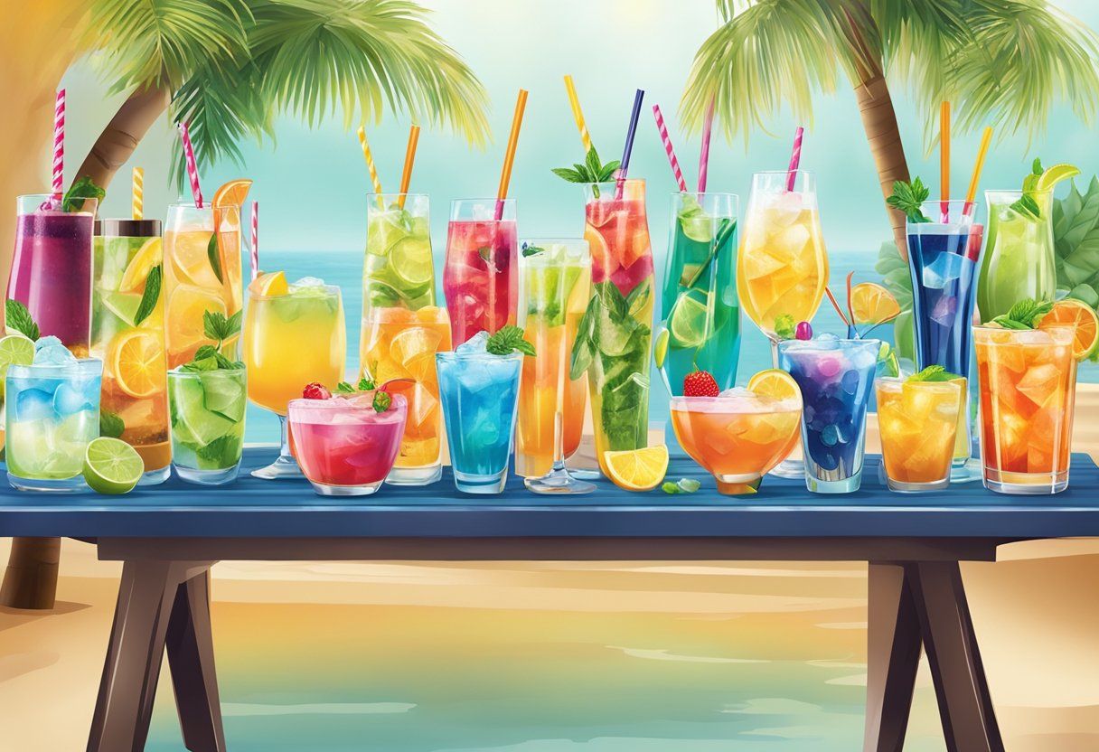 A table with an assortment of Aida branded drinks, including cocktails and soft drinks, displayed with colorful straws and garnishes