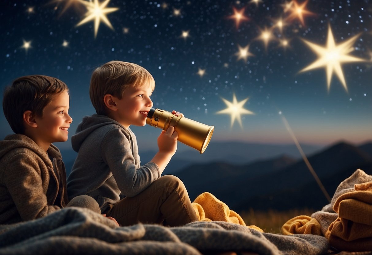 Children pointing at stars, telescope beside them, blankets on the ground, snacks and hot drinks nearby, sky filled with twinkling stars, a sense of wonder and excitement in the air