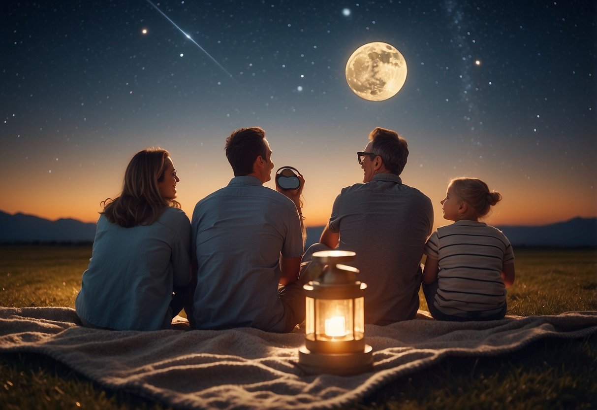 A family sits on a blanket, surrounded by telescopes and binoculars, gazing up at a star-filled sky. The moon casts a soft glow, illuminating their excited faces