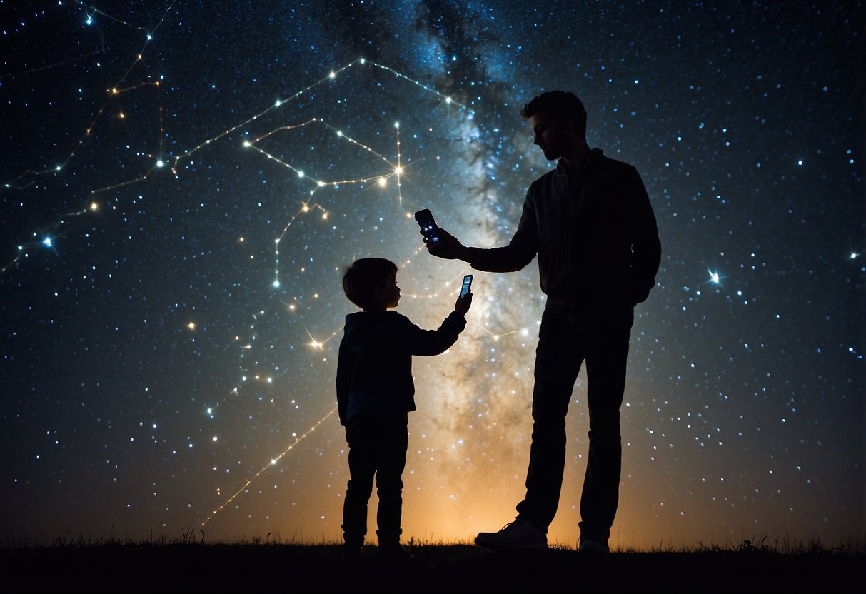 A child points to a star chart while an adult holds a smartphone with a stargazing app. They stand under a night sky filled with twinkling stars