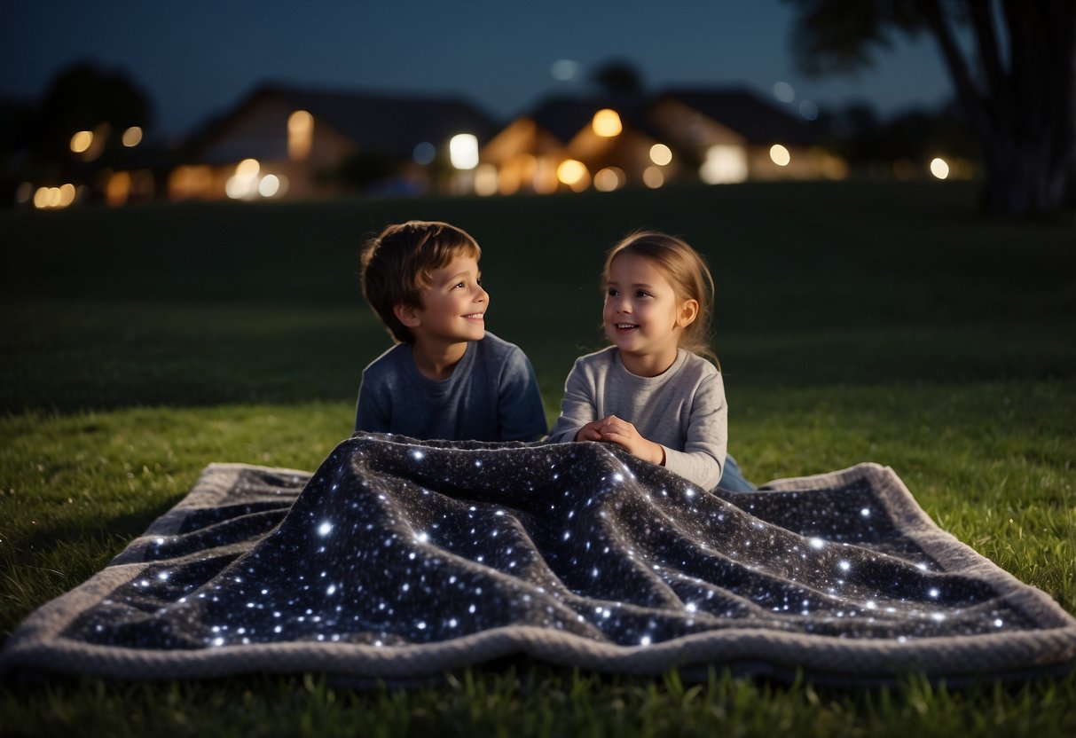 A cozy blanket spread out on the grass, surrounded by excited children pointing up at a clear night sky filled with twinkling stars