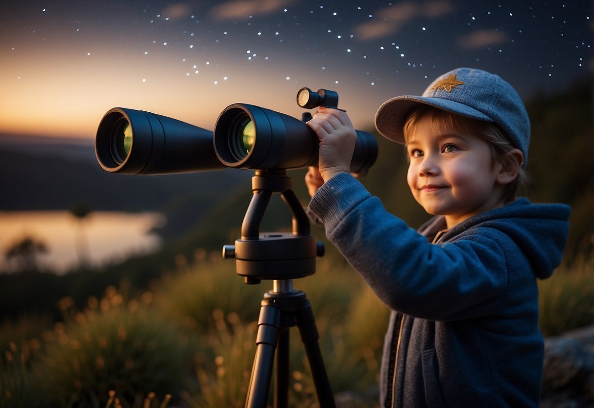 A child holds binoculars, pointing them upward at the night sky. A telescope stands nearby. Stars twinkle overhead against a dark background