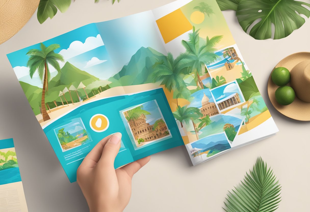 A hand holding a travel brochure with "Aida" written on it, surrounded by images of tropical destinations and money-saving tips