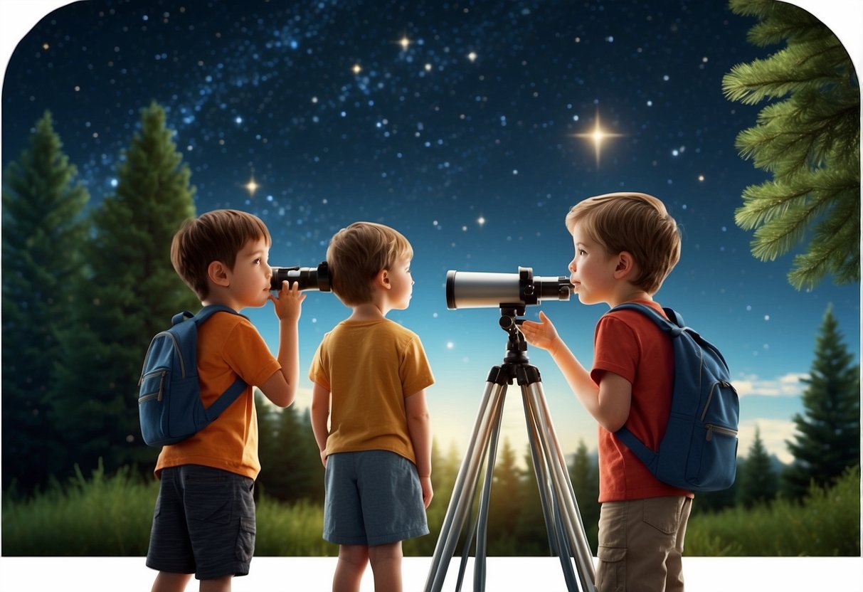 A group of children gaze up at the night sky, surrounded by trees and open space. The stars twinkle above, and a telescope sits nearby, ready for use