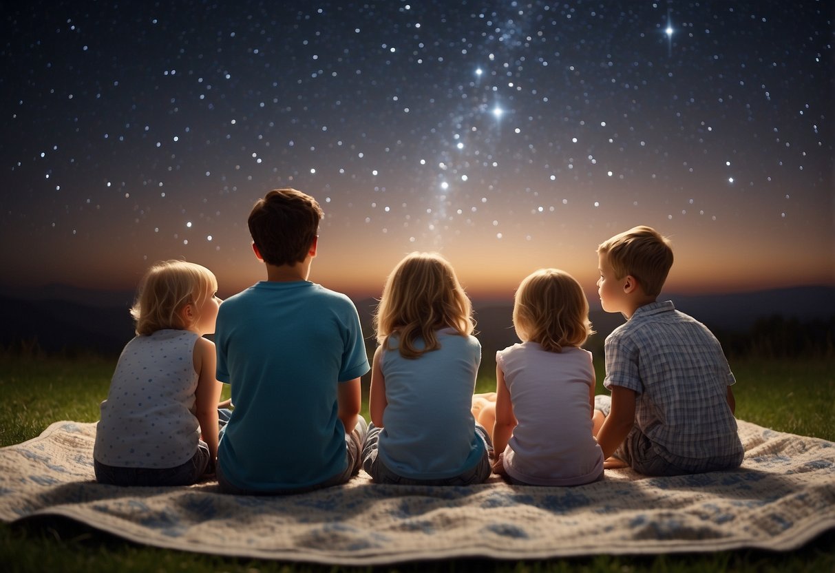 A group of children and an adult sit on a blanket under a star-filled sky. The adult points to constellations while the children ask questions and listen attentively