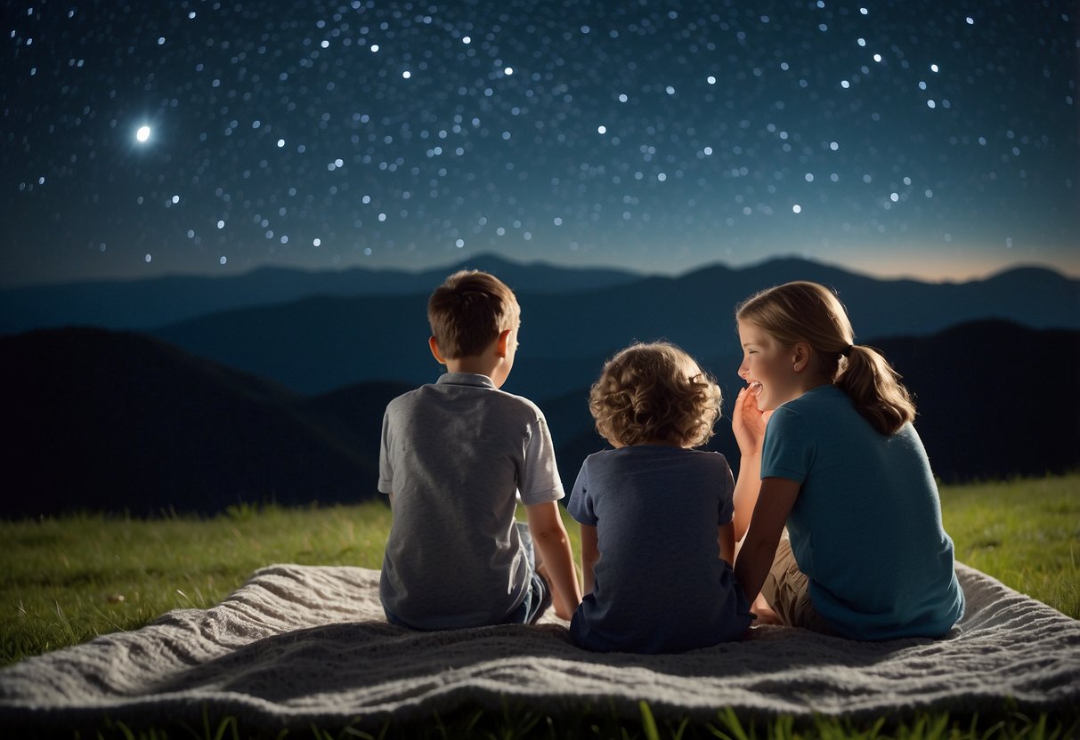 A family sits on a blanket under a clear night sky. A telescope and binoculars lay nearby. Children point excitedly at the stars as the parents explain constellations