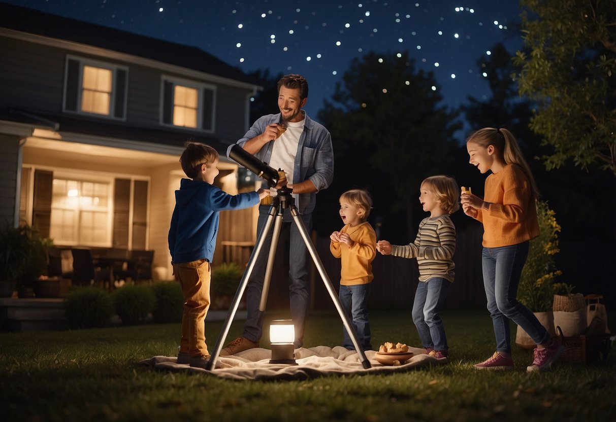 A family setting up a telescope in a backyard, surrounded by blankets and snacks. Children pointing excitedly at the night sky