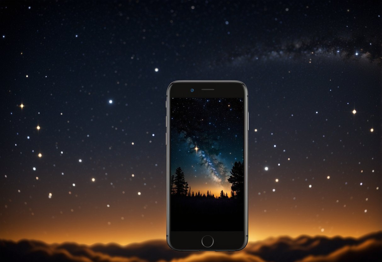 A dark night sky with twinkling stars and a telescope pointed towards the heavens. A podcast logo displayed on a smartphone or laptop