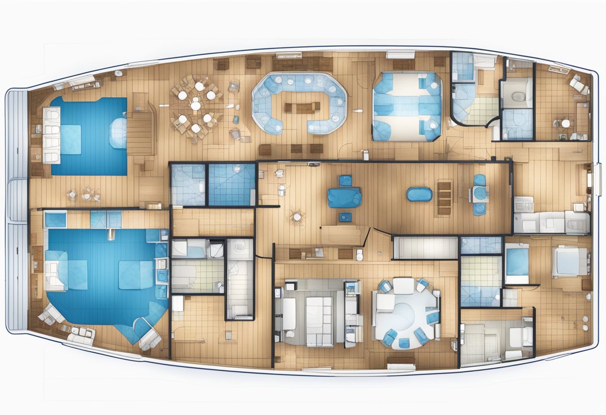 A detailed deckplan of the Aidaprima cruise ship, showing the layout of cabins, amenities, and recreational areas