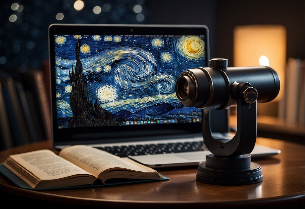 A telescope points towards a starry night sky, surrounded by astronomy books and a laptop playing stargazing podcasts