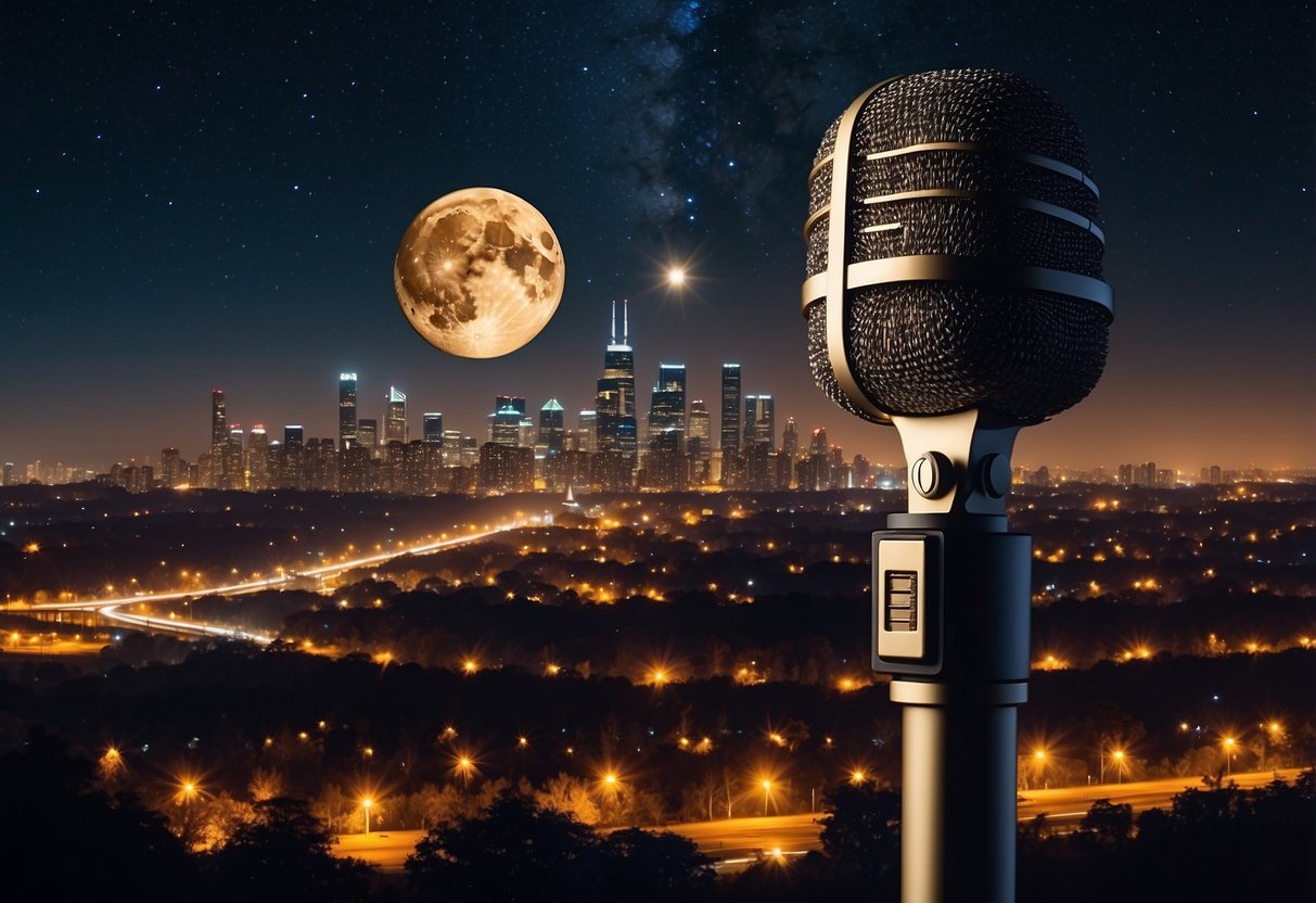 A city skyline at night with stars and a glowing moon, a microphone with "Urban Astronomy Podcast" written on it, and the number 5 with the words "Best Stargazing Podcasts" next to it