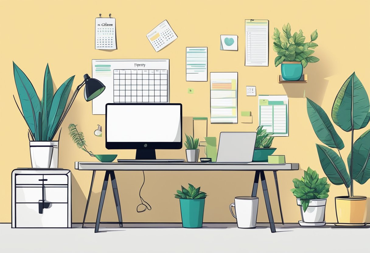 A modern office desk with a laptop, smartphone, and coffee cup. Post-it notes and a calendar on the wall. Plants and a trendy lamp