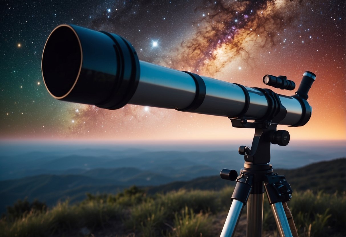 A telescope pointed at the night sky, with 10 stunning nebulae visible through the lens. Bright stars and colorful gas clouds create a mesmerizing celestial scene