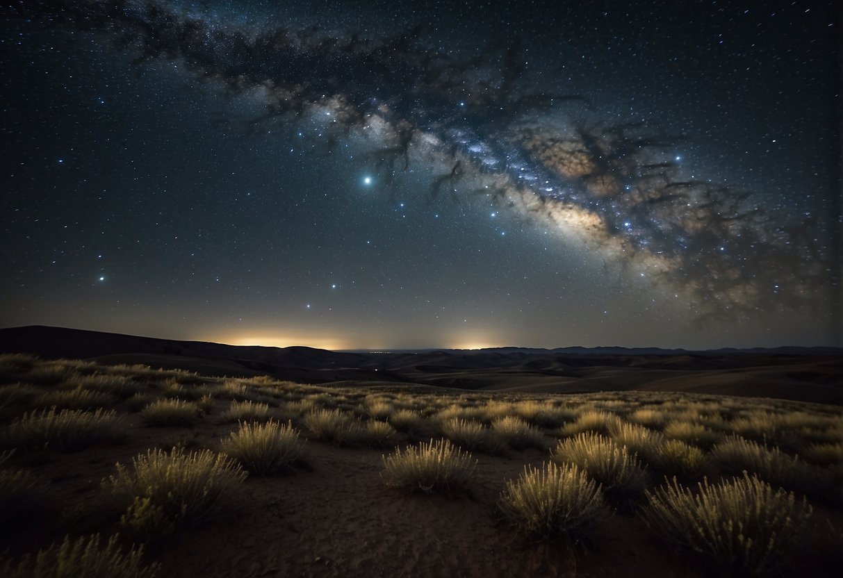 A vast, open landscape with minimal light pollution. A clear, starry sky above, with a prominent view of the Milky Way