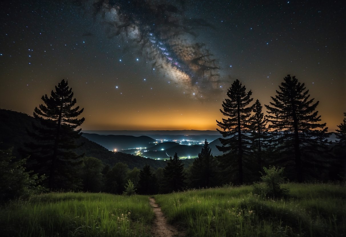 The night sky over Headlands International Dark Sky Park in MI, with stars twinkling in the darkness, and the silhouette of trees and the landscape below