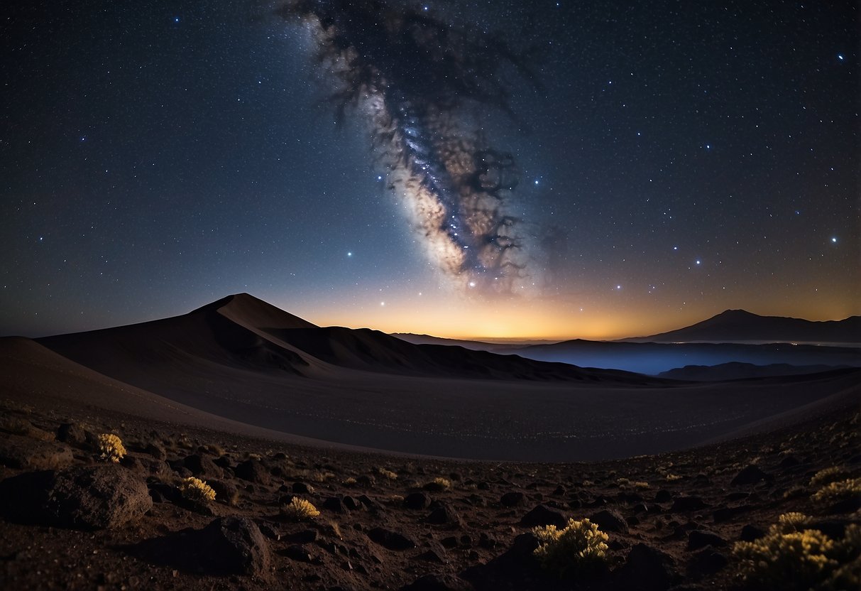 The silhouette of Mauna Kea against a starry night sky, with the Milky Way stretching across the horizon and the glow of distant galaxies visible