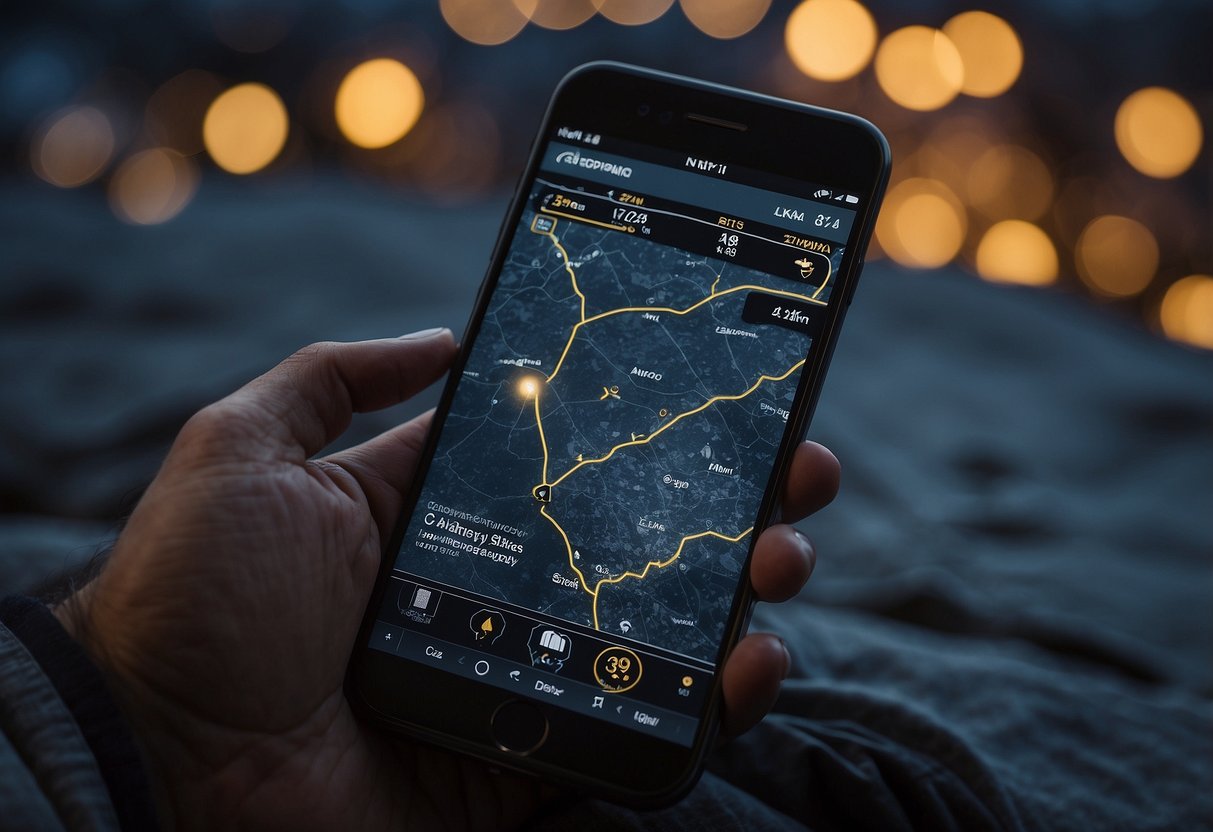 A person using a smartphone app to locate dark sky locations. The screen shows a map with highlighted areas indicating optimal stargazing spots
