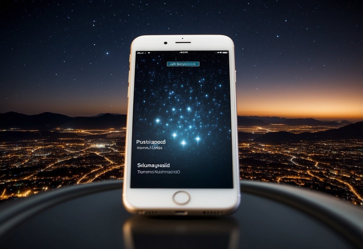 Bright stars fill the night sky above a smartphone with 5 stargazing apps displayed on the screen. The apps are labeled as "advanced" and feature detailed constellations and celestial objects