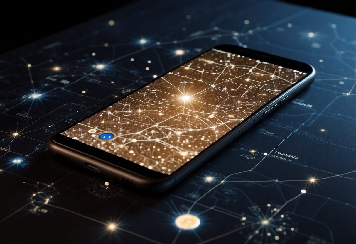 A smartphone with a stargazing app open, displaying a detailed map of the night sky with constellations and celestial objects. The screen is illuminated in a dark, outdoor setting