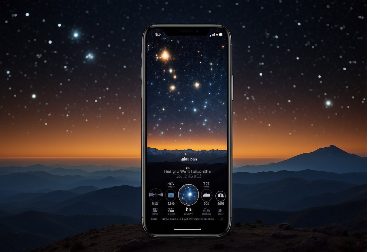 The night sky filled with stars, planets, and constellations. A smartphone displays a stargazing app, highlighting celestial objects. The user interacts with the app, exploring the cosmos