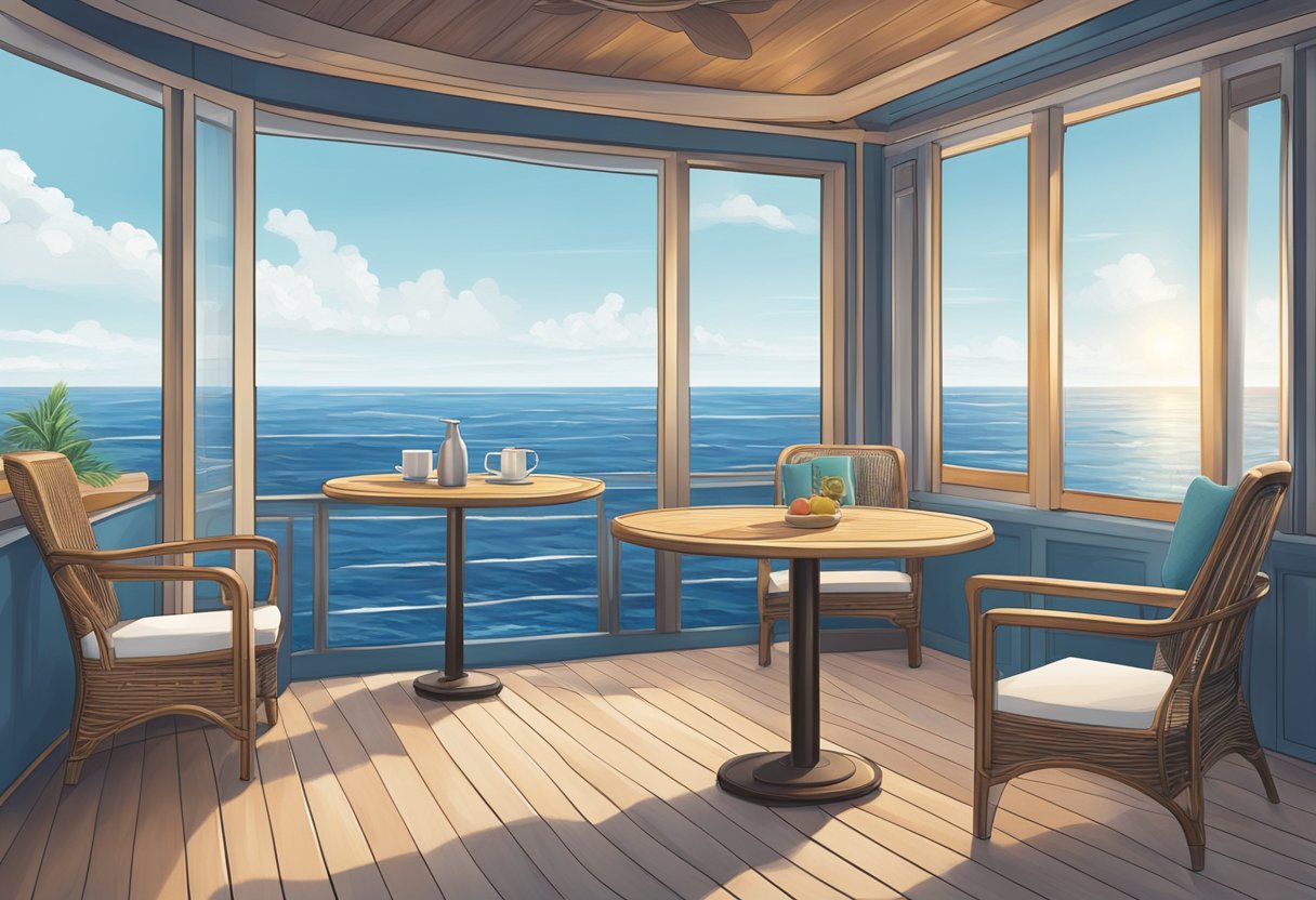 A serene ocean view from the deck of Mein Schiff, with a single empty chair and table, symbolizing the benefits for solo travelers without single cabin surcharge