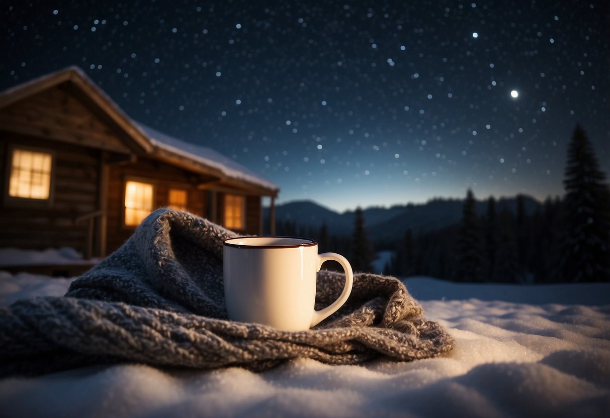 A clear night sky with twinkling stars, a telescope pointed towards the heavens, a cozy blanket on the ground, and a steaming mug of hot cocoa nearby