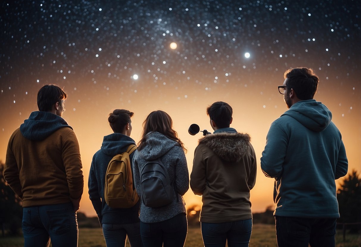 A group of people gather around telescopes, pointing at the night sky. A sense of wonder and excitement fills the air as they discuss constellations and celestial objects