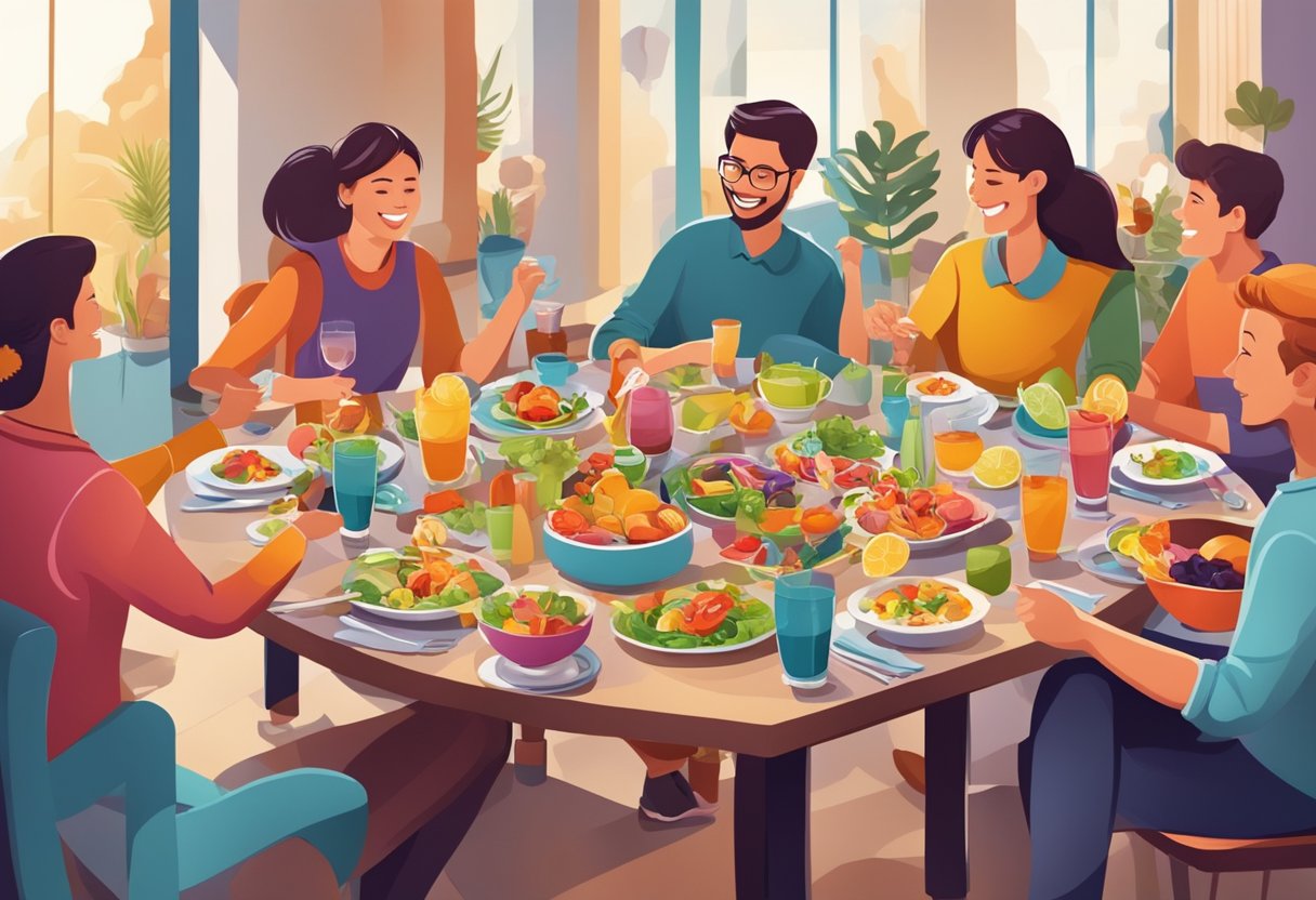 A table set with colorful dishes and drinks, surrounded by happy people chatting and laughing