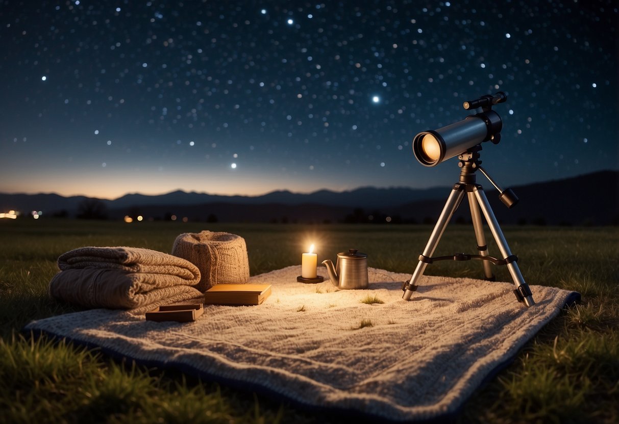 A clear night sky with twinkling stars, a telescope set up on a grassy field, a cozy blanket laid out, a mug of hot cocoa, and a star chart spread out on the ground