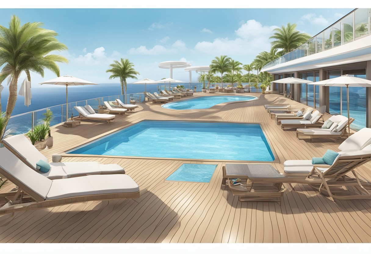 Aida deck 4: spacious outdoor area, with sun loungers, pool, and panoramic ocean views