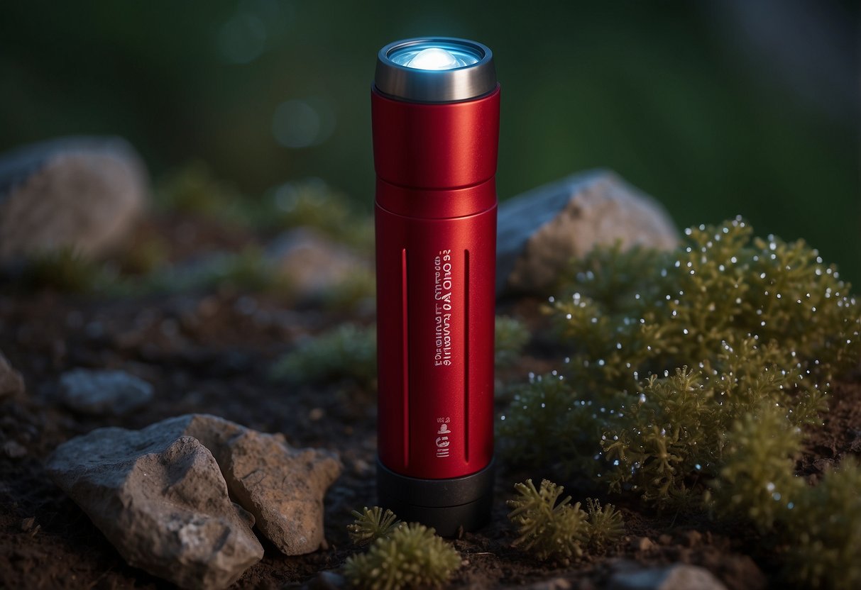 A red flashlight sits among stargazing tips