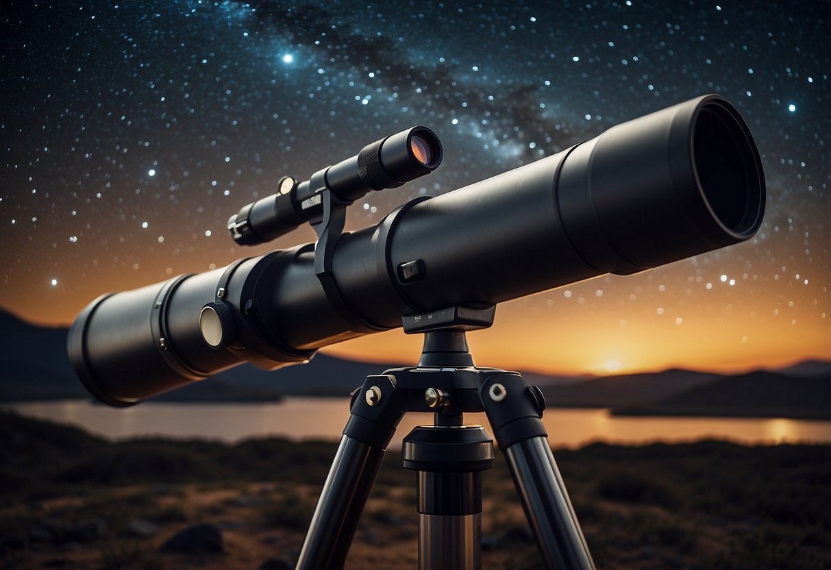 A telescope or binoculars pointed towards a starry night sky, with a clear view of the constellations and celestial objects