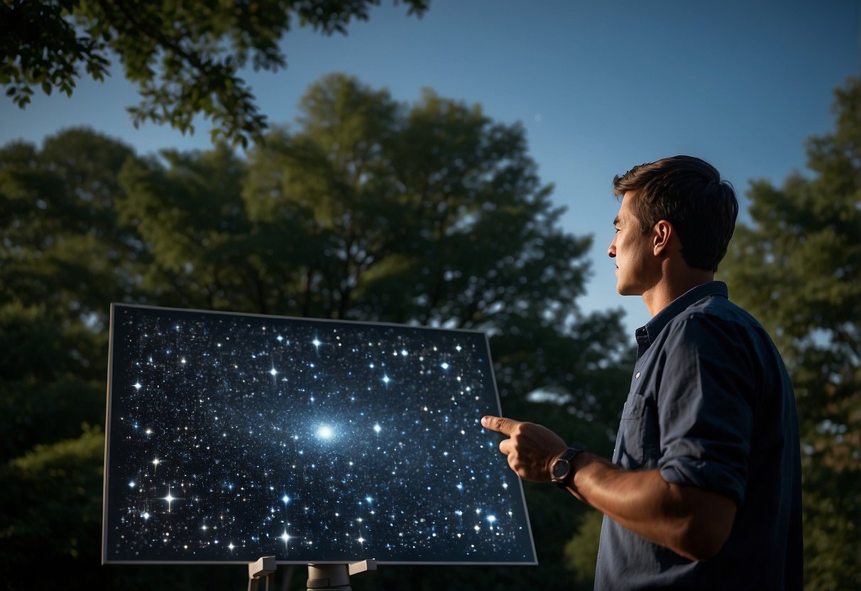 A person holding a star chart under a clear summer sky, surrounded by trees and a telescope, with a faint outline of the Milky Way visible above