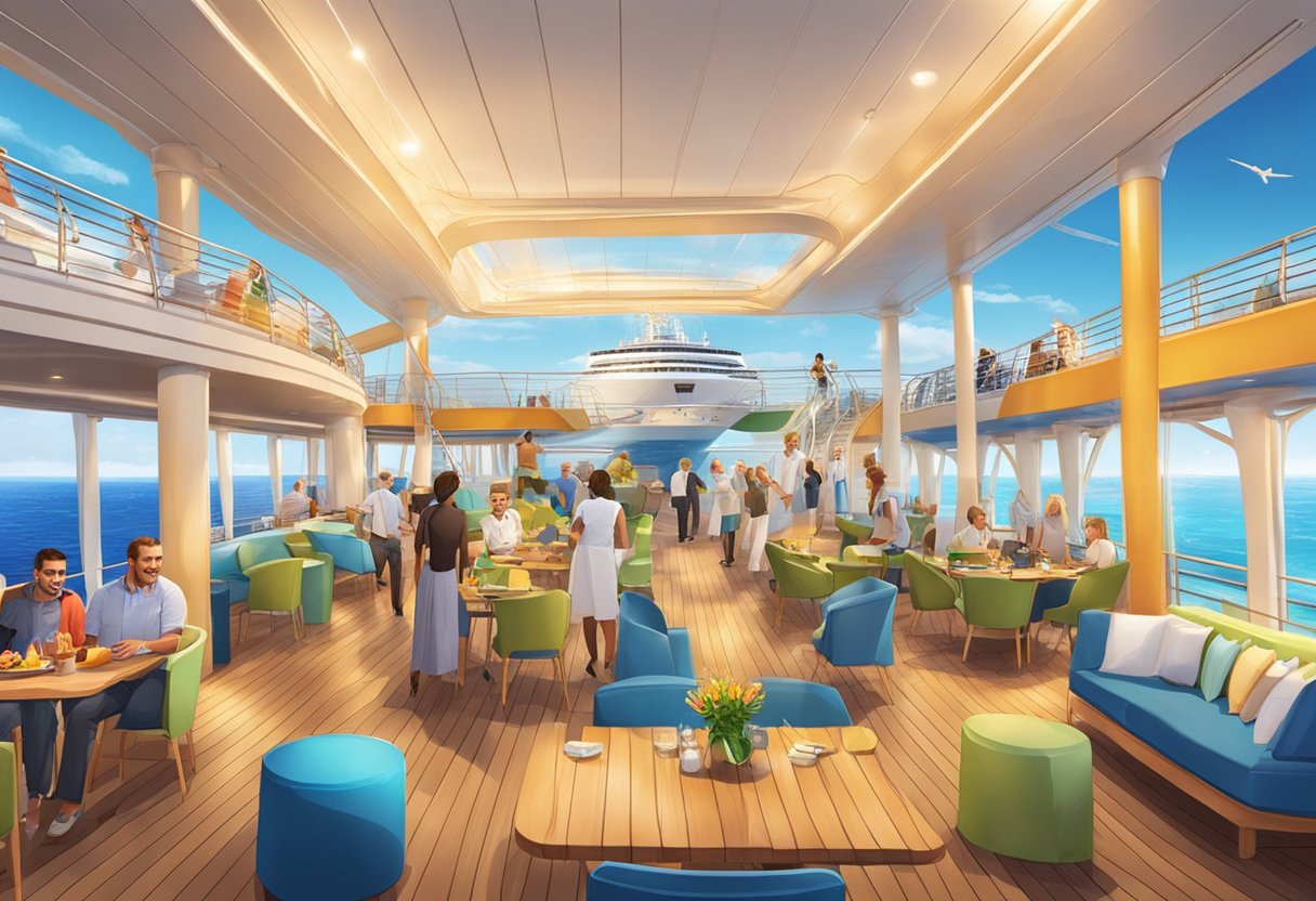 On Aida deck 4, lively atmosphere with various service offerings and activities. Vibrant colors and happy guests enjoying the onboard experience