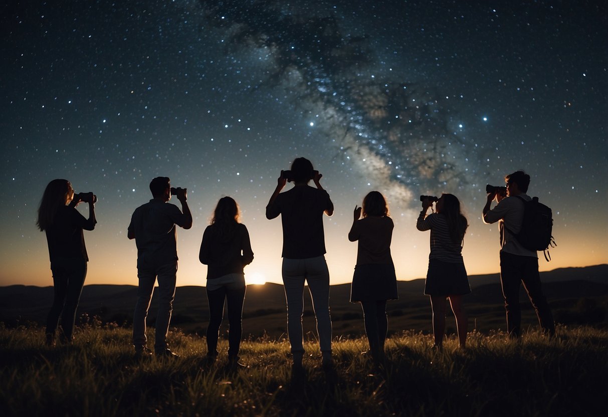 A group of people gather under a clear night sky, pointing out constellations and using telescopes. The warm summer air is filled with excitement and wonder as they explore the universe together