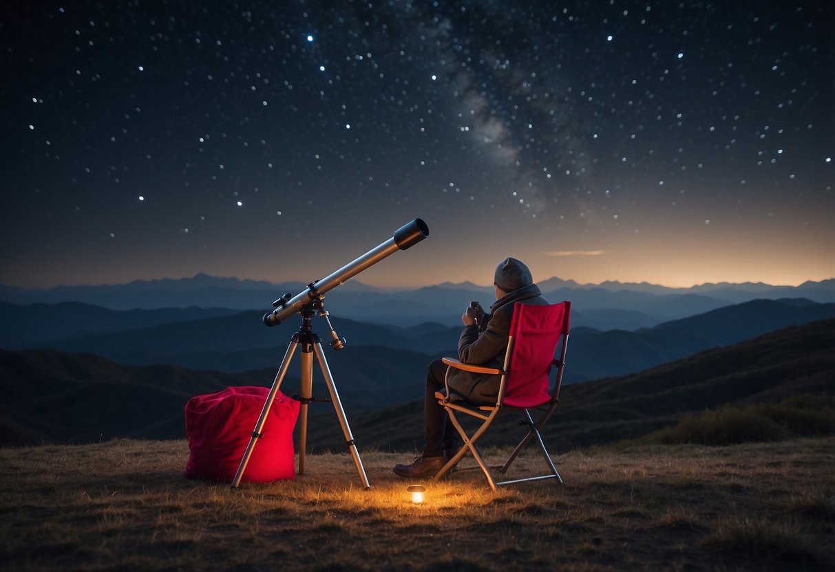 A person sets up a telescope under a clear night sky. A star chart and red flashlight lay nearby. A comfortable chair and warm blanket complete the scene