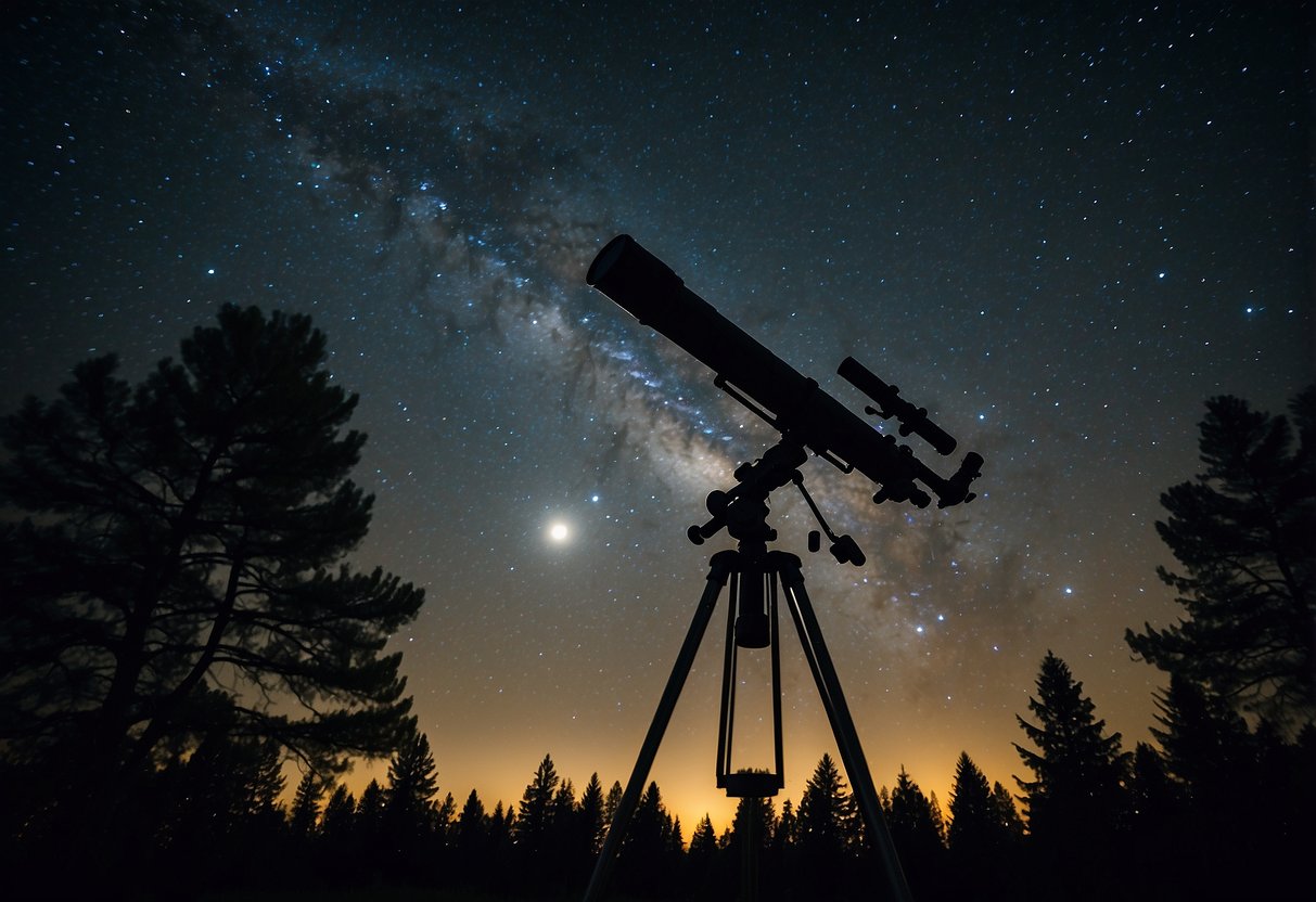 A clear summer night sky with twinkling stars, a dark silhouette of trees, and a telescope pointed towards the heavens