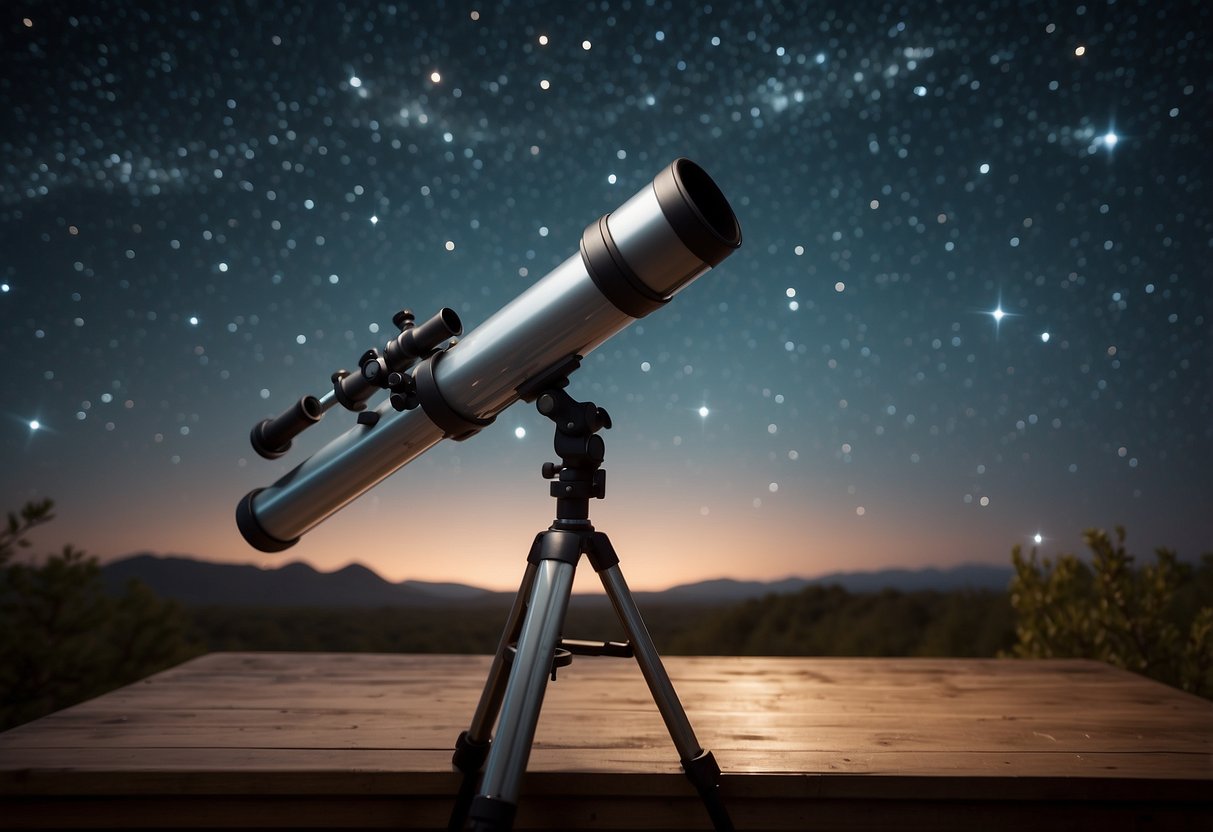 A clear night sky with a telescope pointing upwards, surrounded by five different star charts spread out on a table