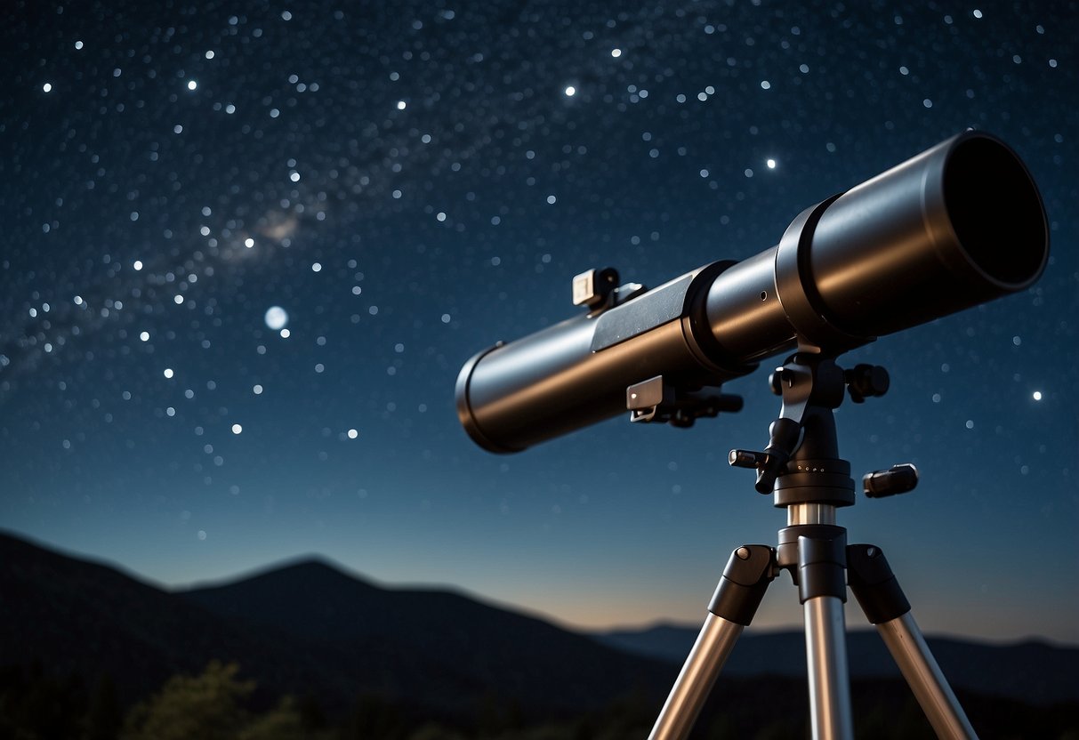 A clear night sky with twinkling stars, visible constellations, and a small telescope pointing upwards