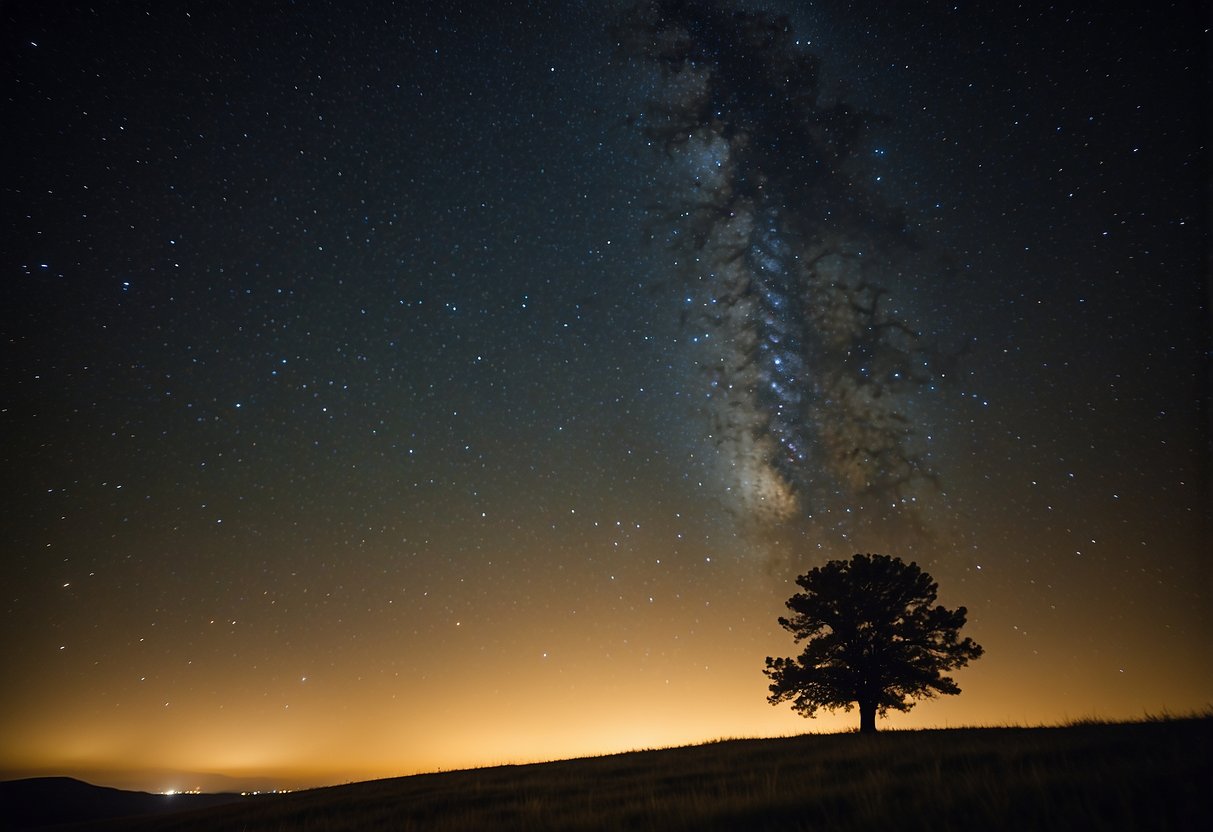 A clear night sky with bright stars and constellations, as seen in the National Audubon Society Field Guide to the Night Sky