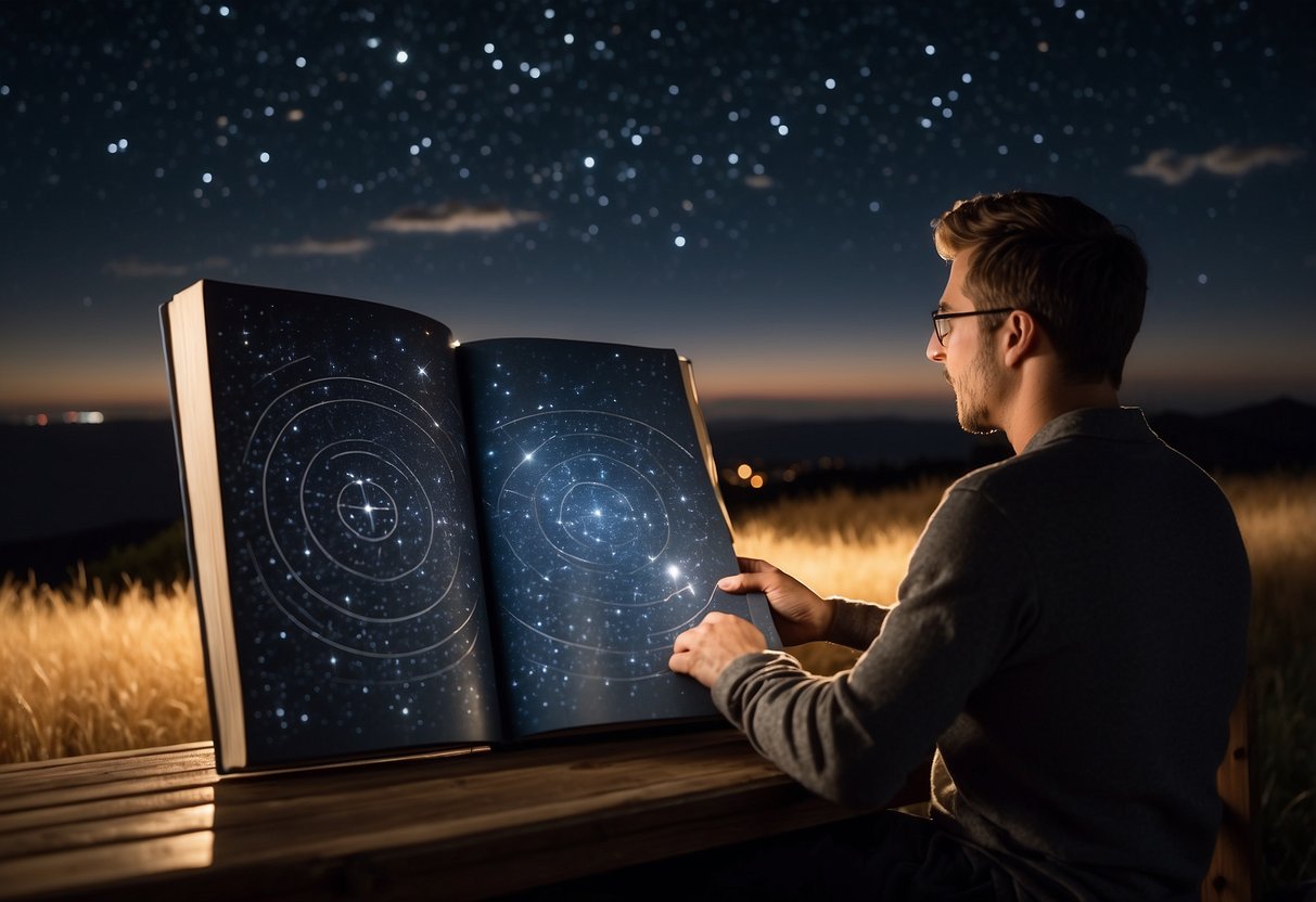 A clear night sky with twinkling stars, a person using a star chart to identify constellations. A telescope and a book on stargazing nearby