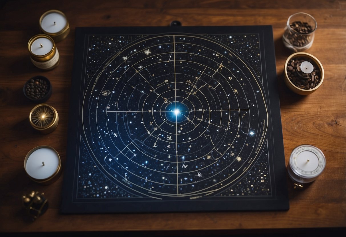 A clear night sky with various star charts spread out on a table, each chart displaying different constellations and celestial objects. Bright stars twinkle overhead