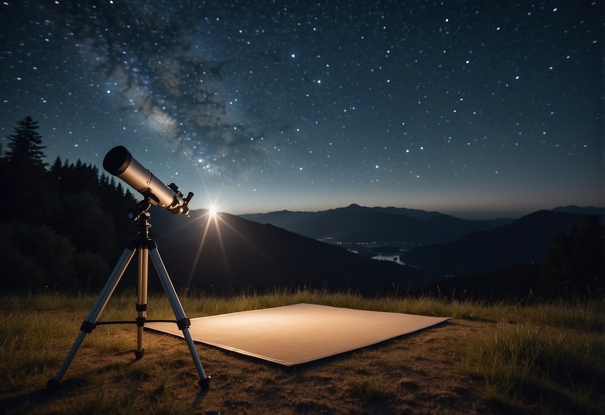 A clear night sky with twinkling stars above a tranquil, remote location. A telescope and star chart lay on the ground, surrounded by untouched nature