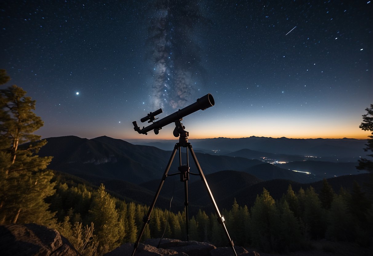 A remote, dark location with a clear sky. A telescope pointed upward, surrounded by silhouetted trees or mountains. Stars shining brightly overhead